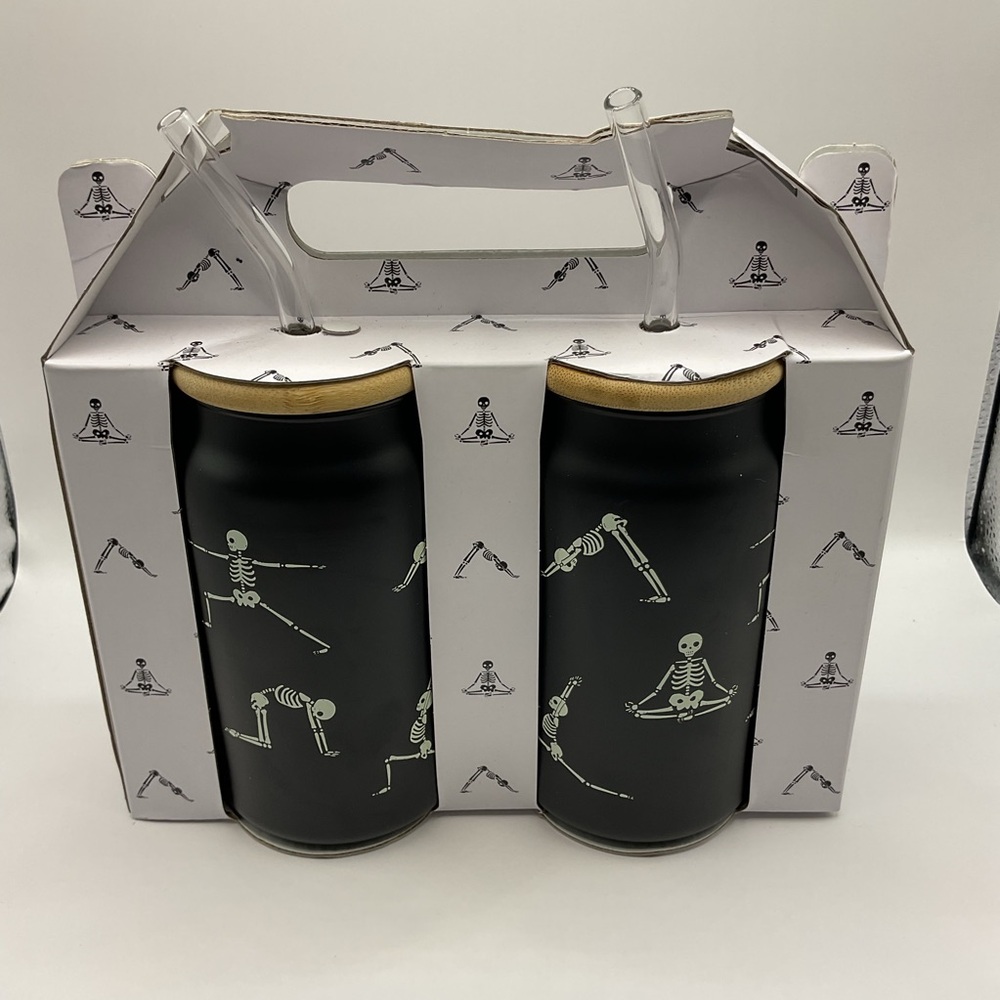 Prima Design New in Box 2x Black Skeleton Yoga Tumblers Wood Lid & Plastic Straw